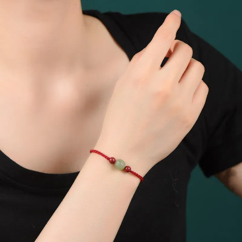 Genuine Hetian Jade Bracelet, Chinese Zodiac Year Cinnabar Red String Beaded Bracelet, Xinjiang Clear Water Green Jade Fortune Beads, Unisex Style