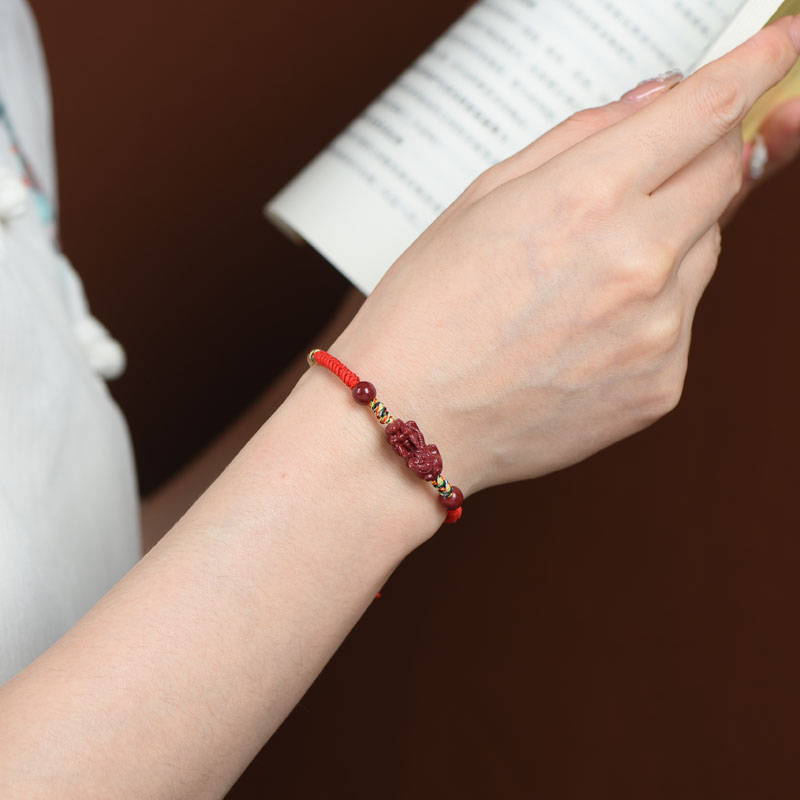 Cinnabar Pixiu Red Rope Bracelet, Lucky & Peace Bead Bracelet for Zodiac Year, Hand-Woven Blessing Jewelry Gift for Couples