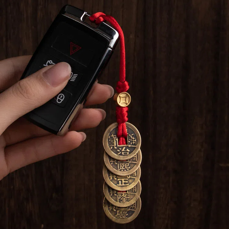 Pure Copper Five Emperors Coins Car Keychain, Hand-Woven Safety Lanyard, Auspicious Car Pendant & Creative Gift