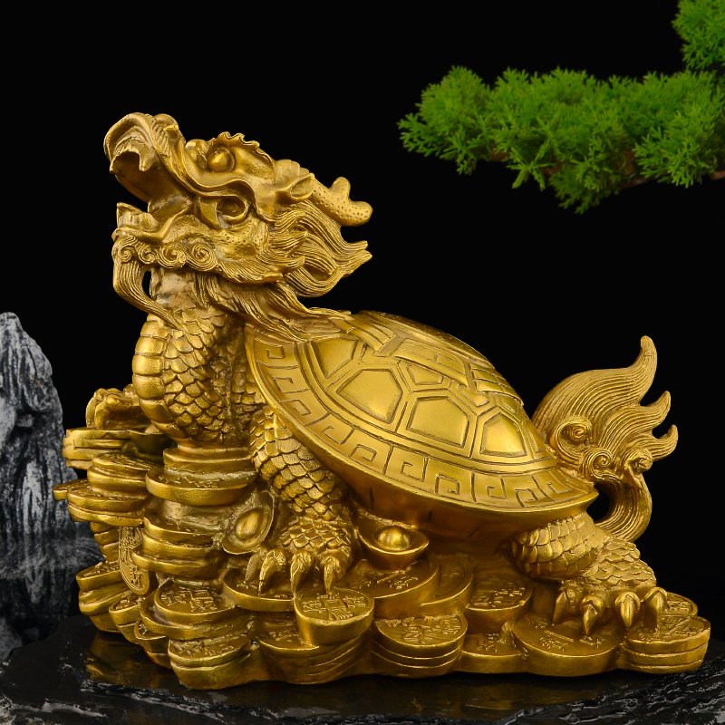 Brass Bagua Dragon Turtle Ornament Pair, Large Copper Baxi Statue, Fortune & Town House Chinese Decor for Living Room & Entrance