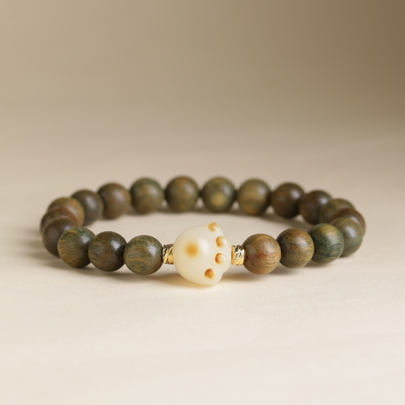 Green Sandalwood & White Jade Bodhi Cat Paw Bracelet, New Chinese Style Wooden Beaded Bracelet, Literary Ornament for Women