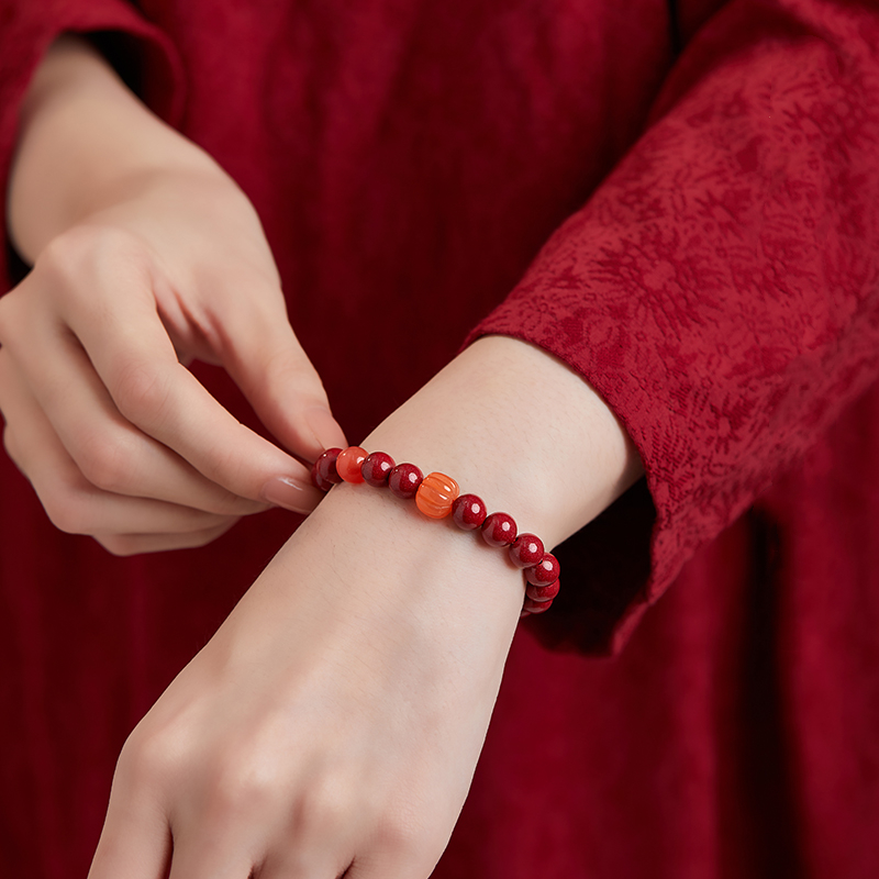 Natural Cinnabar Pumpkin Agate Bracelet, Women's Lucky Bead Bangle, Authentic Zodiac Year Blessing Gift
