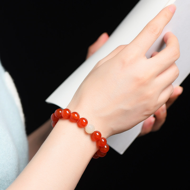 Red Agate & Hetian Jade Lotus Bracelet, Women's Zodiac Year Crystal Lucky Bead, Success Blessing Wristband