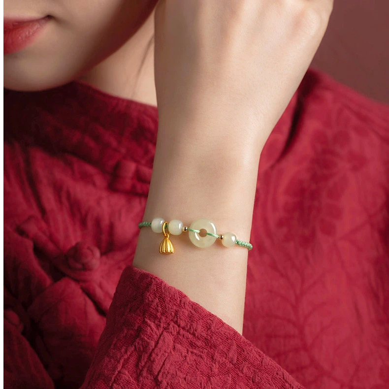 Natural Hetian Jade Peace Buckle Woven Hand Rope, Women's Zodiac Year Good Luck Bracelet, Chinese Style Blessing Gift