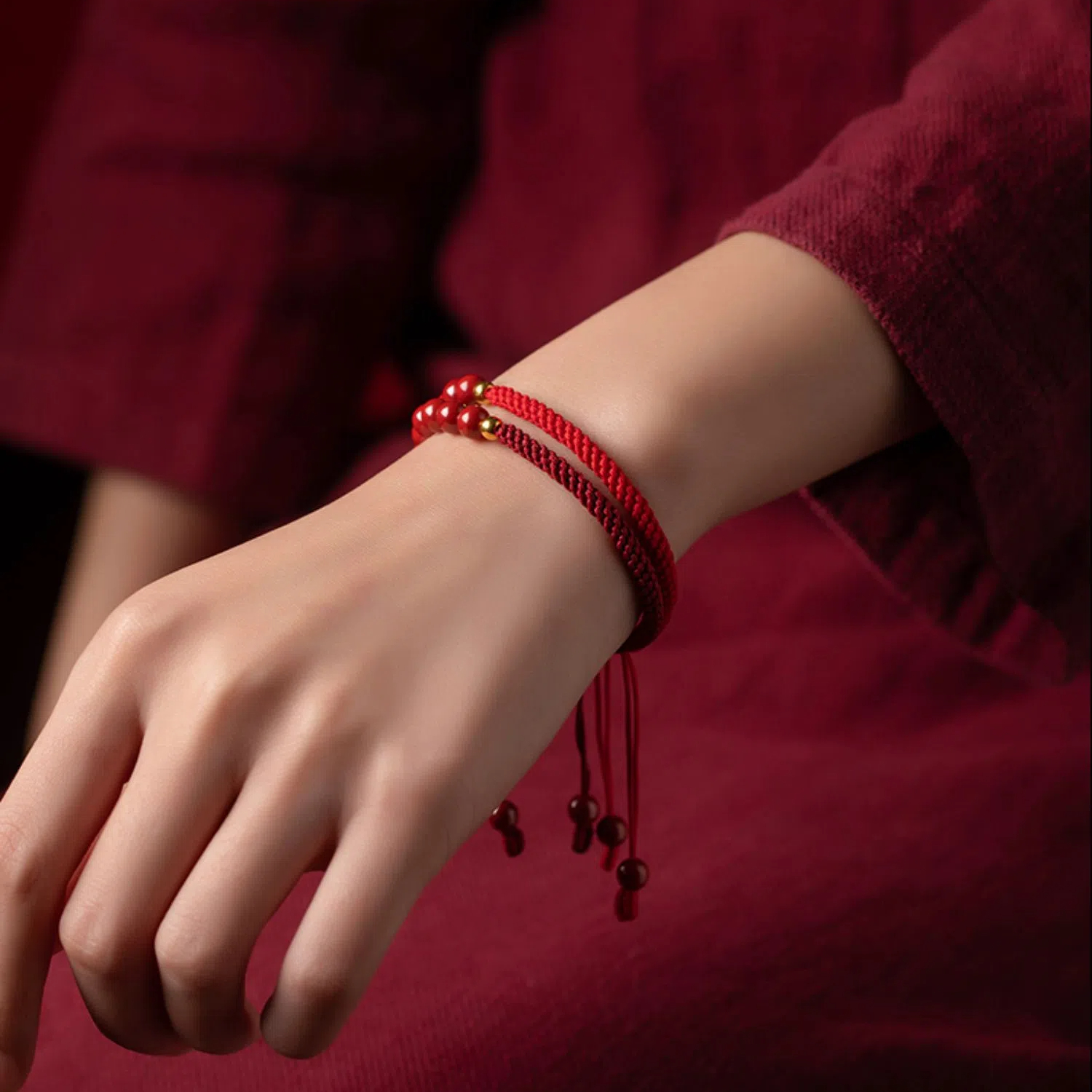 Natural Cinnabar Red Rope Lucky Bead Bracelet, Unisex Zodiac Year Good Luck Bangle, Hand-Woven Couple Gift