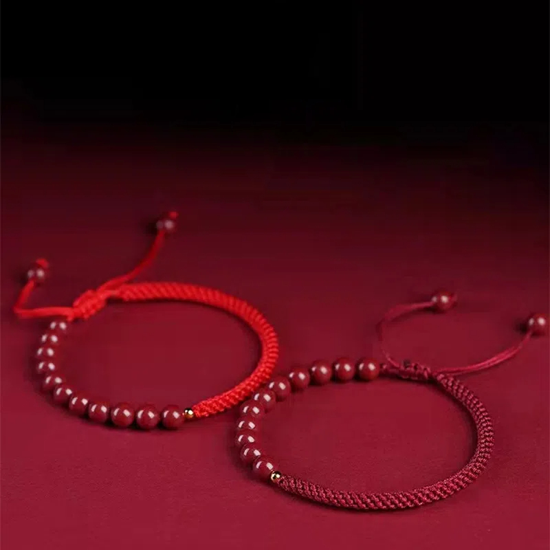 Natural Cinnabar Red Rope Lucky Bead Bracelet, Unisex Zodiac Year Good Luck Bangle, Hand-Woven Couple Gift
