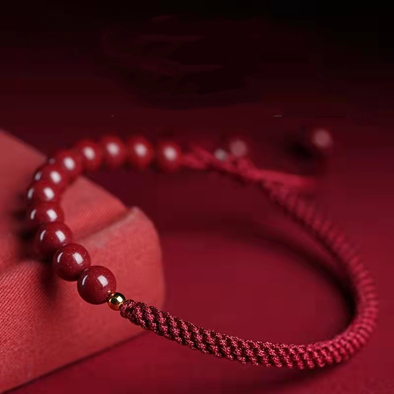 Natural Cinnabar Red Rope Lucky Bead Bracelet, Unisex Zodiac Year Good Luck Bangle, Hand-Woven Couple Gift