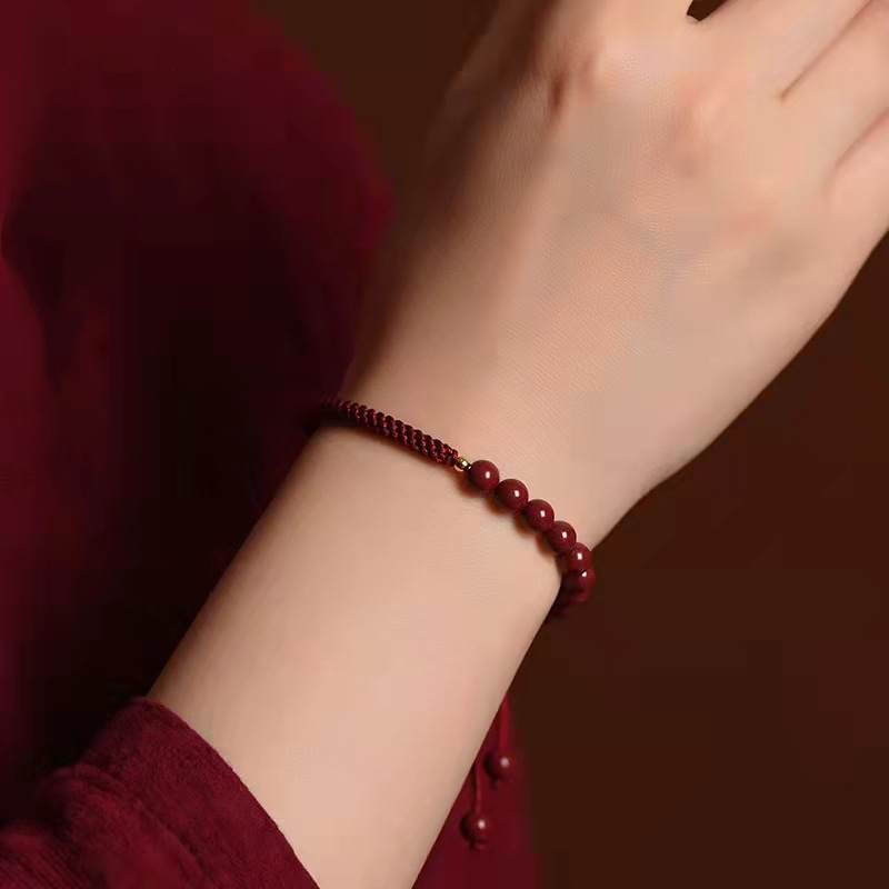 Natural Cinnabar Red Rope Lucky Bead Bracelet, Unisex Zodiac Year Good Luck Bangle, Hand-Woven Couple Gift