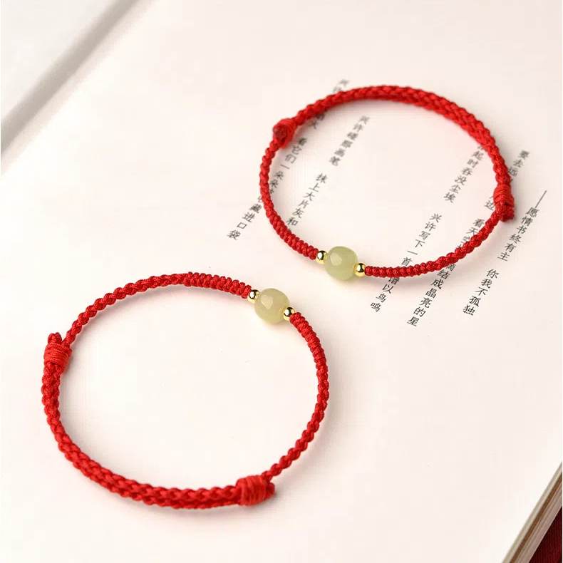 Putuo Mountain Natural Hetian Jade Lucky Bead Red Rope Bracelet, Hand-Woven Couple Bracelet, Blessing Gift