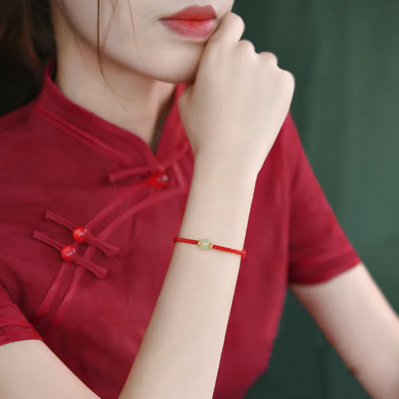 Putuo Mountain Natural Hetian Jade Lucky Bead Red Rope Bracelet, Hand-Woven Couple Bracelet, Blessing Gift