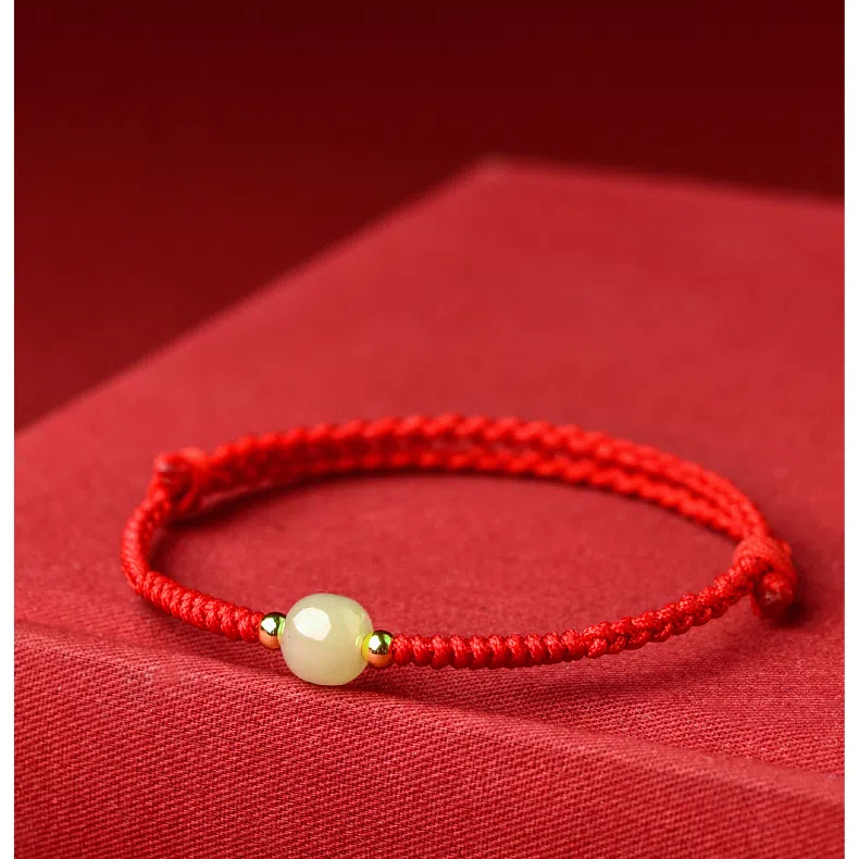 Putuo Mountain Natural Hetian Jade Lucky Bead Red Rope Bracelet, Hand-Woven Couple Bracelet, Blessing Gift