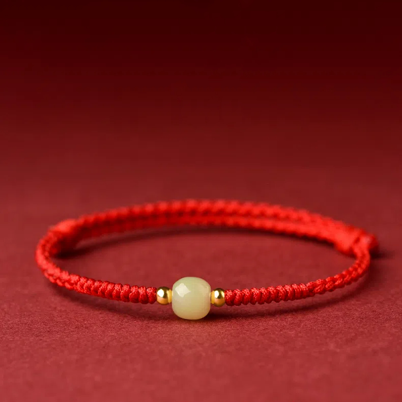 Putuo Mountain Natural Hetian Jade Lucky Bead Red Rope Bracelet, Hand-Woven Couple Bracelet, Blessing Gift