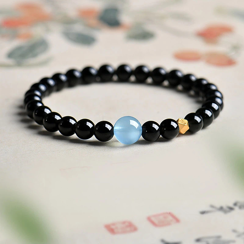 Natural Obsidian Aquamarine Bracelet, Women's Wealth Attracting Crystal Bracelet, Sterling Silver Lucky Bead Best Friend Gift