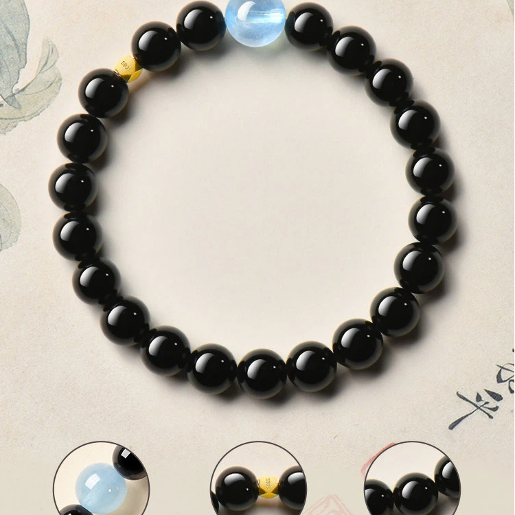 Natural Obsidian Aquamarine Bracelet, Women's Wealth Attracting Crystal Bracelet, Sterling Silver Lucky Bead Best Friend Gift
