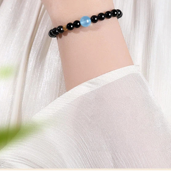Natural Obsidian Aquamarine Bracelet, Women's Wealth Attracting Crystal Bracelet, Sterling Silver Lucky Bead Best Friend Gift