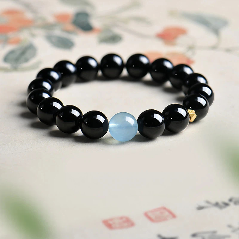 Natural Obsidian Aquamarine Bracelet, Women's Wealth Attracting Crystal Bracelet, Sterling Silver Lucky Bead Best Friend Gift