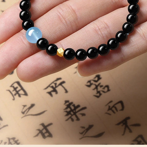 Natural Obsidian Aquamarine Bracelet, Women's Wealth Attracting Crystal Bracelet, Sterling Silver Lucky Bead Best Friend Gift