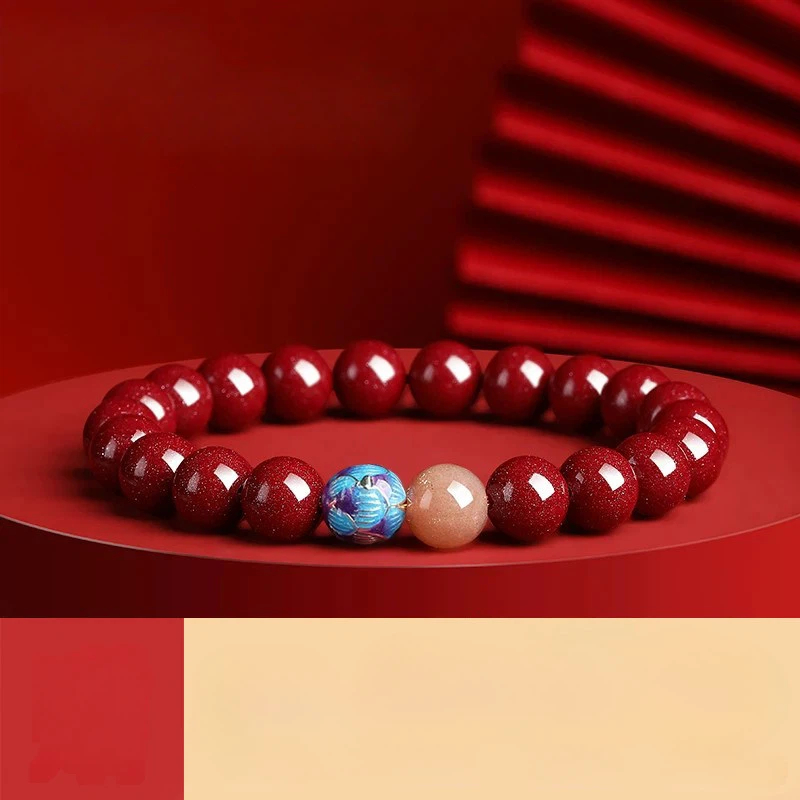 Authentic Purple Gold Cinnabar Blue Lotus Bracelet, Zodiac Year Calming Amulet, Unisex Lucky Bead Gift