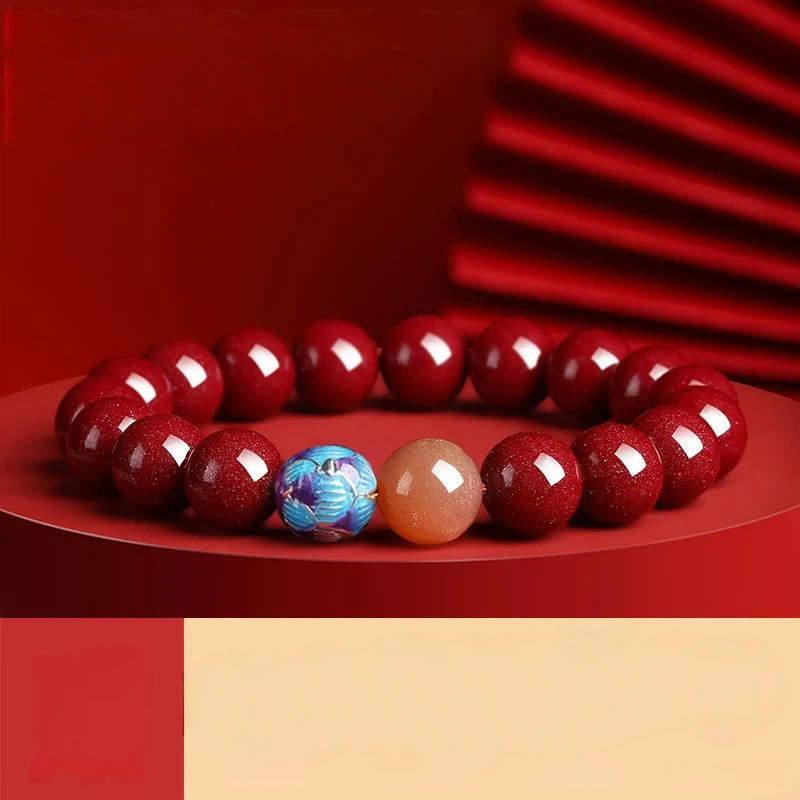 Authentic Purple Gold Cinnabar Blue Lotus Bracelet, Zodiac Year Calming Amulet, Unisex Lucky Bead Gift