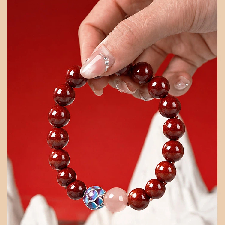 Authentic Purple Gold Cinnabar Blue Lotus Bracelet, Zodiac Year Calming Amulet, Unisex Lucky Bead Gift