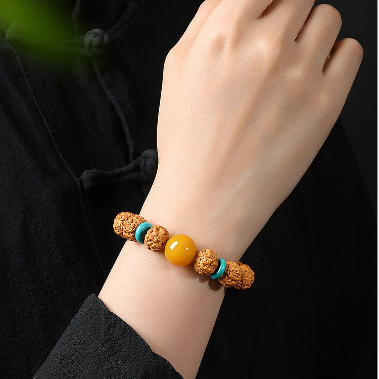 Natural Rudraksha Original Seed Bracelet for Women, Yellow Agate Bodhi Root Wealth Attracting Wenwan Bracelet