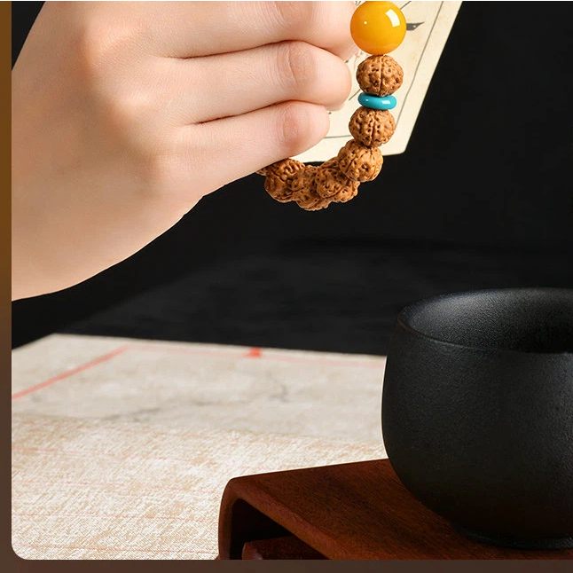 Natural Rudraksha Original Seed Bracelet for Women, Yellow Agate Bodhi Root Wealth Attracting Wenwan Bracelet