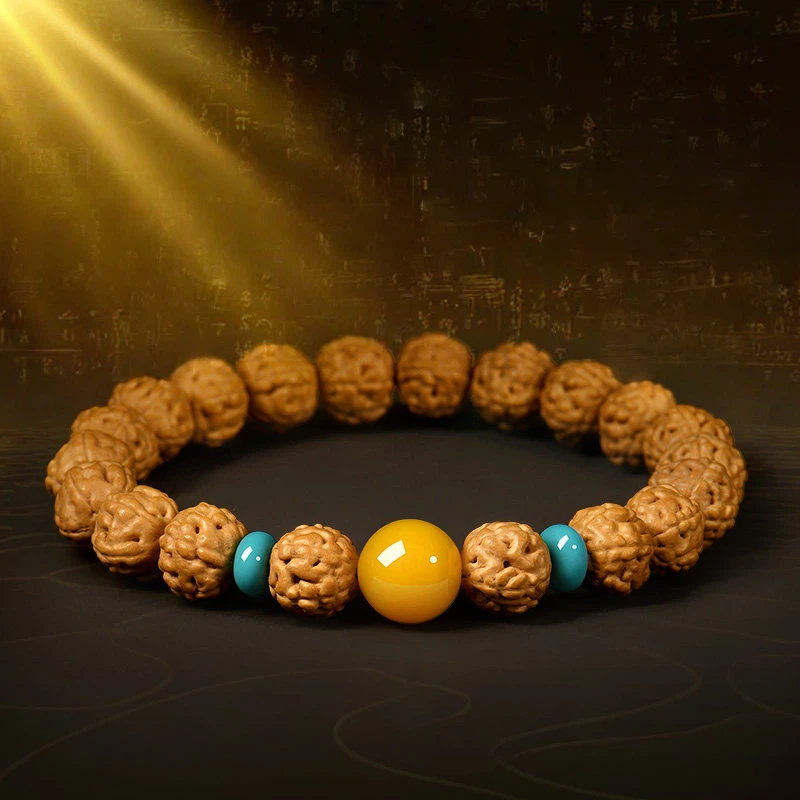 Natural Rudraksha Original Seed Bracelet for Women, Yellow Agate Bodhi Root Wealth Attracting Wenwan Bracelet