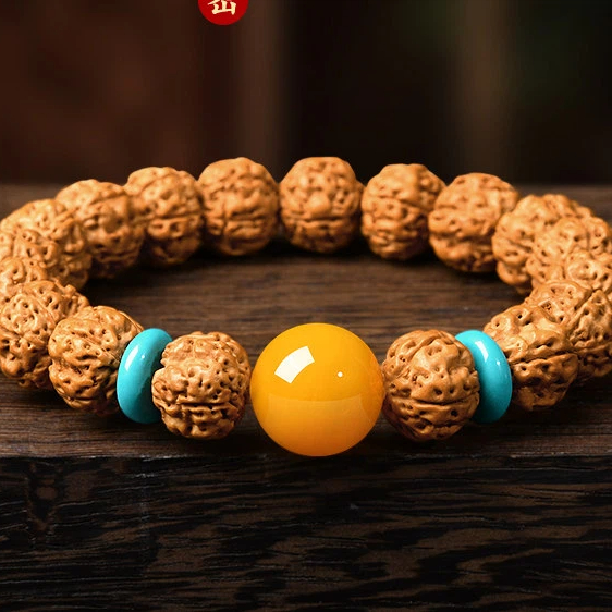 Natural Rudraksha Original Seed Bracelet for Women, Yellow Agate Bodhi Root Wealth Attracting Wenwan Bracelet