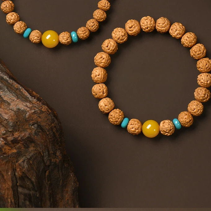 Natural Rudraksha Original Seed Bracelet for Women, Yellow Agate Bodhi Root Wealth Attracting Wenwan Bracelet