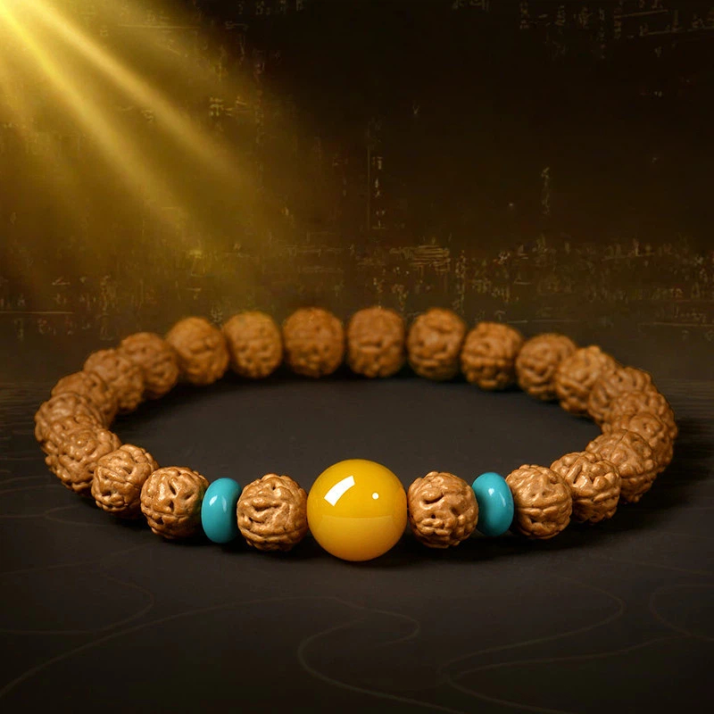 Natural Rudraksha Original Seed Bracelet for Women, Yellow Agate Bodhi Root Wealth Attracting Wenwan Bracelet