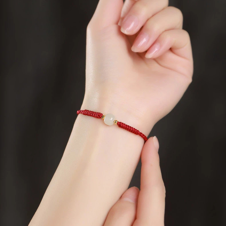 Natural Hetian Jade Lucky Bead Hand-Woven Red Rope Bracelet for Women, Valentine's Day Girlfriend Gift