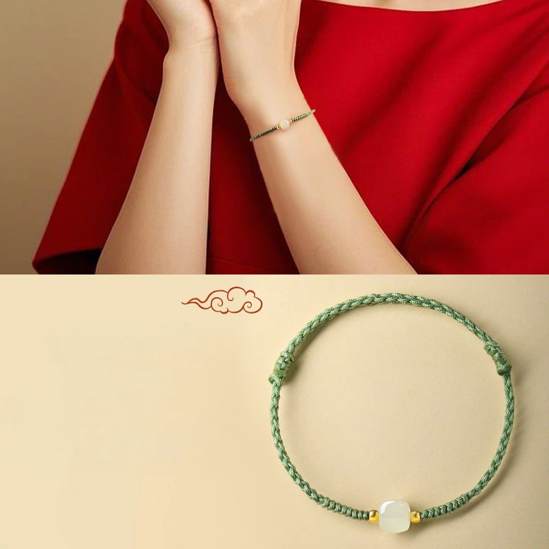 Natural Hetian Jade Lucky Bead Hand-Woven Red Rope Bracelet for Women, Valentine's Day Girlfriend Gift