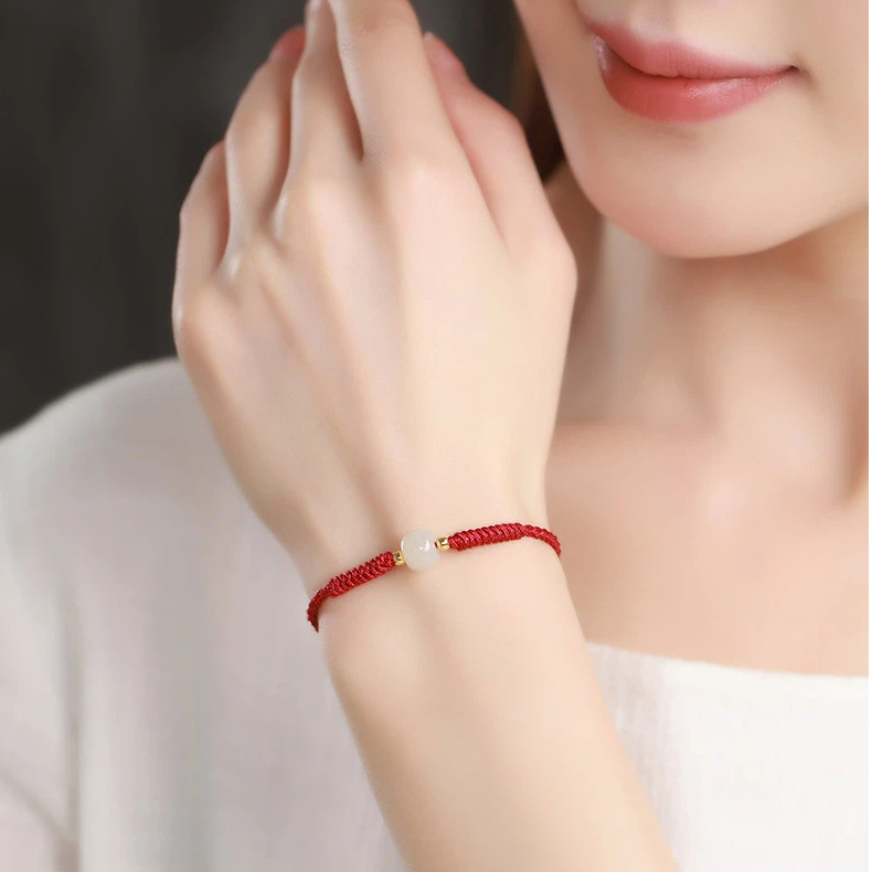 Natural Hetian Jade Lucky Bead Hand-Woven Red Rope Bracelet for Women, Valentine's Day Girlfriend Gift