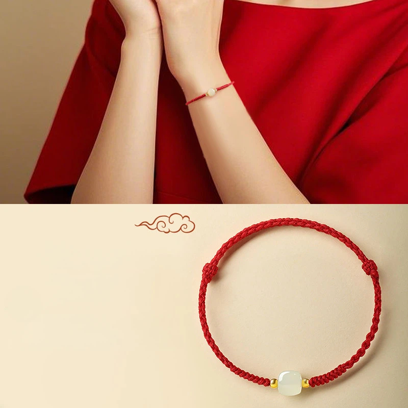 Natural Hetian Jade Lucky Bead Hand-Woven Red Rope Bracelet for Women, Valentine's Day Girlfriend Gift