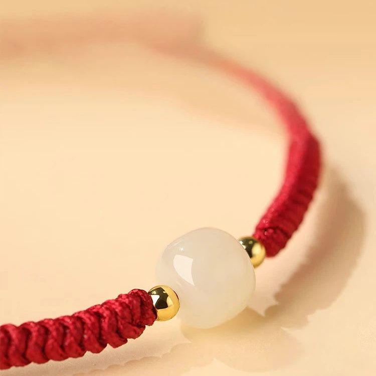 Natural Hetian Jade Lucky Bead Hand-Woven Red Rope Bracelet for Women, Valentine's Day Girlfriend Gift