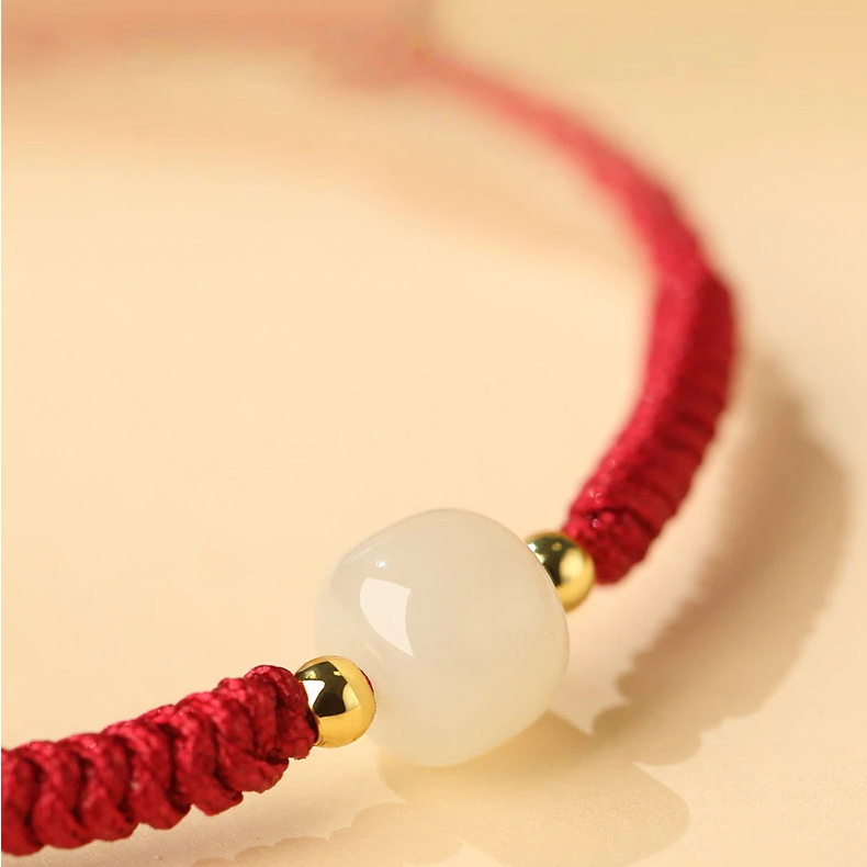 Natural Hetian Jade Lucky Bead Hand-Woven Red Rope Bracelet for Women, Valentine's Day Girlfriend Gift