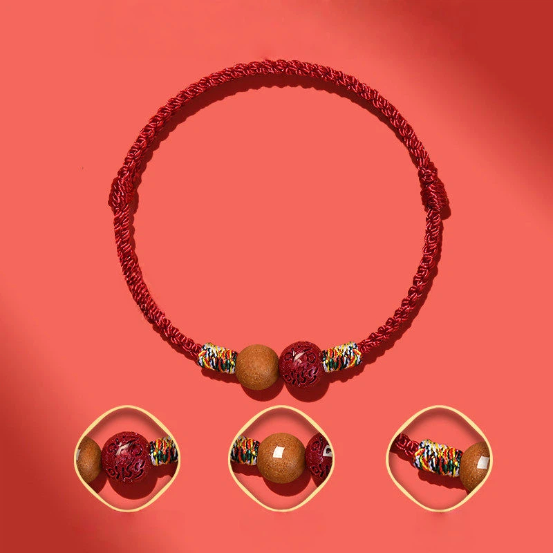 Genuine Cinnabar & Peach Wood Red Rope Bracelet, Zodiac Year Peace & Fortune Lucky Bead, Unisex Gift