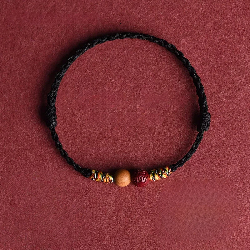 Genuine Cinnabar & Peach Wood Red Rope Bracelet, Zodiac Year Peace & Fortune Lucky Bead, Unisex Gift