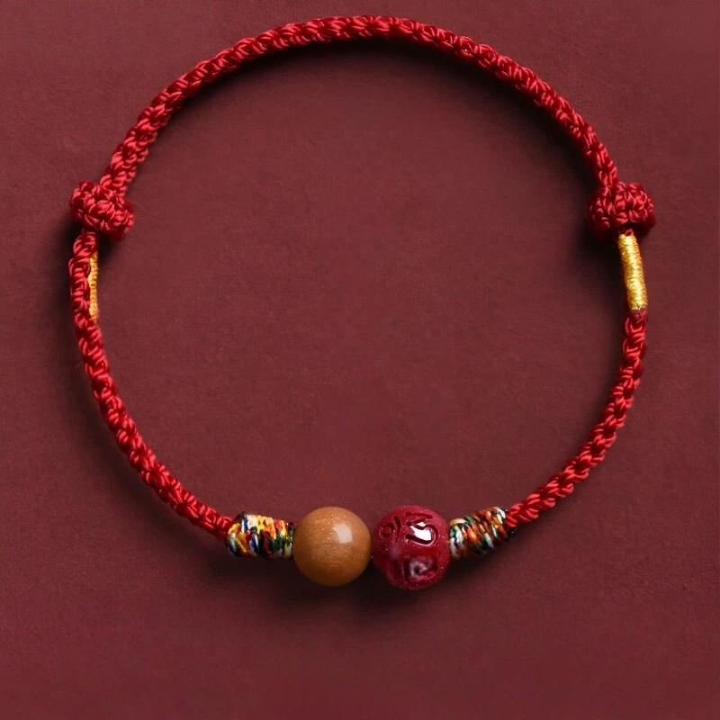 Genuine Cinnabar & Peach Wood Red Rope Bracelet, Zodiac Year Peace & Fortune Lucky Bead, Unisex Gift