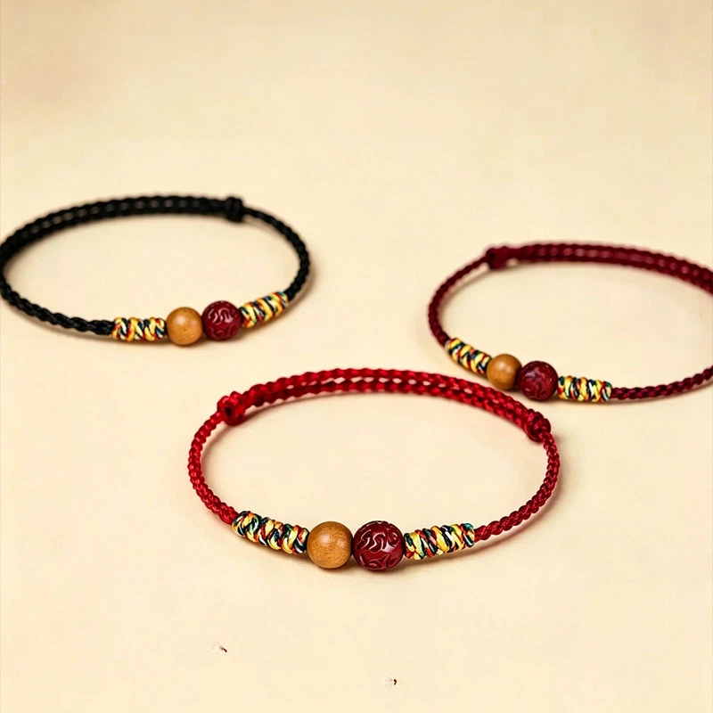 Genuine Cinnabar & Peach Wood Red Rope Bracelet, Zodiac Year Peace & Fortune Lucky Bead, Unisex Gift