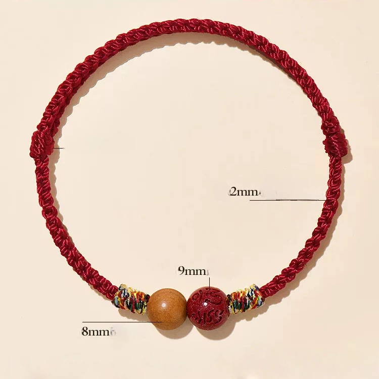 Genuine Cinnabar & Peach Wood Red Rope Bracelet, Zodiac Year Peace & Fortune Lucky Bead, Unisex Gift