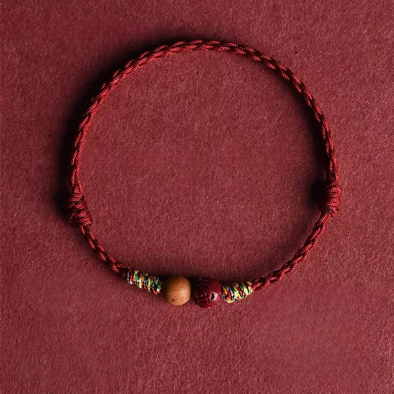 Genuine Cinnabar & Peach Wood Red Rope Bracelet, Zodiac Year Peace & Fortune Lucky Bead, Unisex Gift