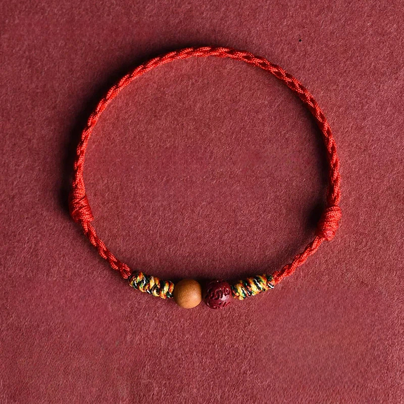 Genuine Cinnabar & Peach Wood Red Rope Bracelet, Zodiac Year Peace & Fortune Lucky Bead, Unisex Gift
