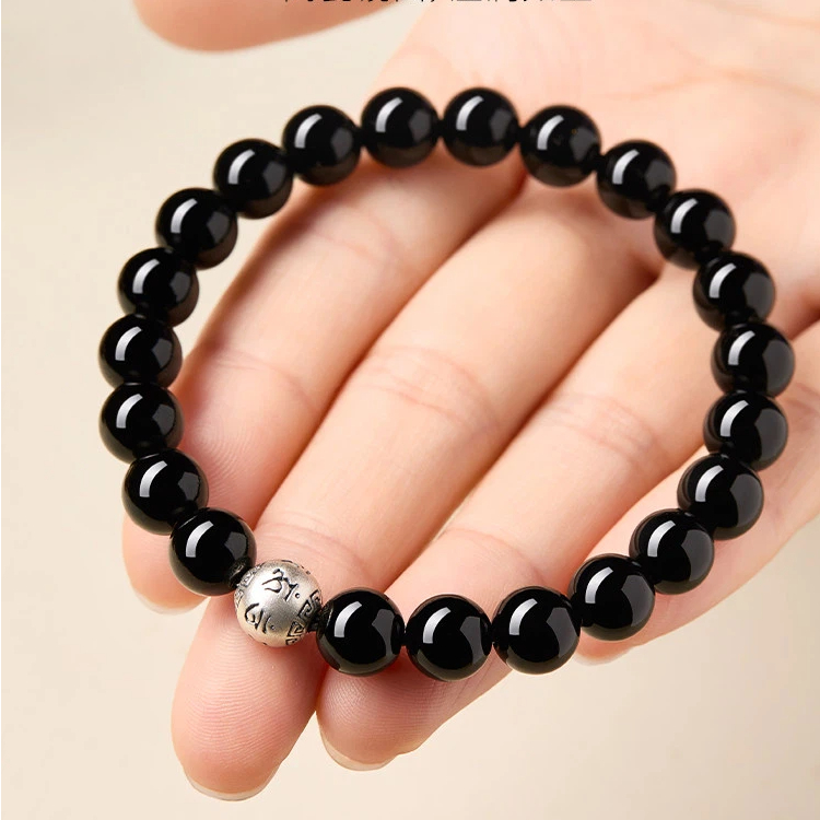 Natural Obsidian Genuine Sterling Silver Six Character Mantra Lucky Bead Bracelet, Unisex Protection Gift