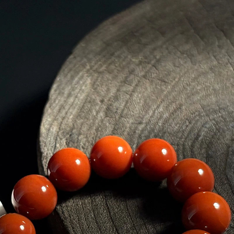 Natural Nanhong Red Agate Bracelet for Men, Tibetan Silver Fire Element Nourishing Bracelet
