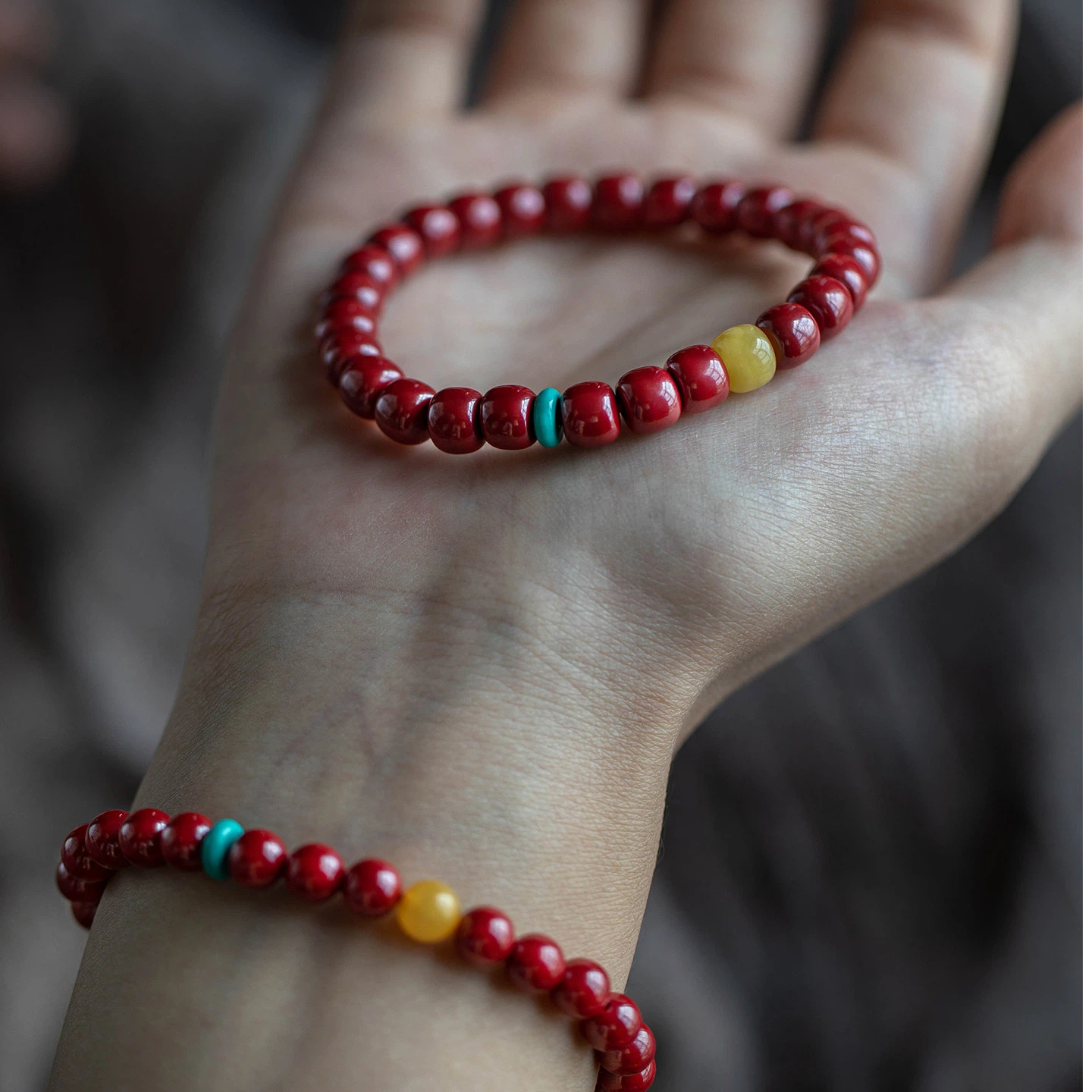 Natural Cinnabar Zodiac Year Bracelet for Women, Premium Amber & Turquoise Wenwan Bracelet