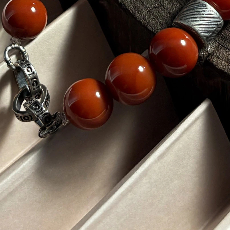 Natural Nanhong Red Agate Bracelet for Men, Tibetan Silver Fire Element Nourishing Bracelet