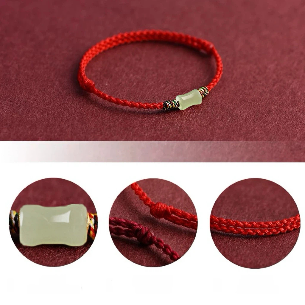 Exam Success Hetian Jade Bamboo Bead Woven Red Rope Bracelet, Unisex Zodiac Year Lucky Amulet for Exam Takers
