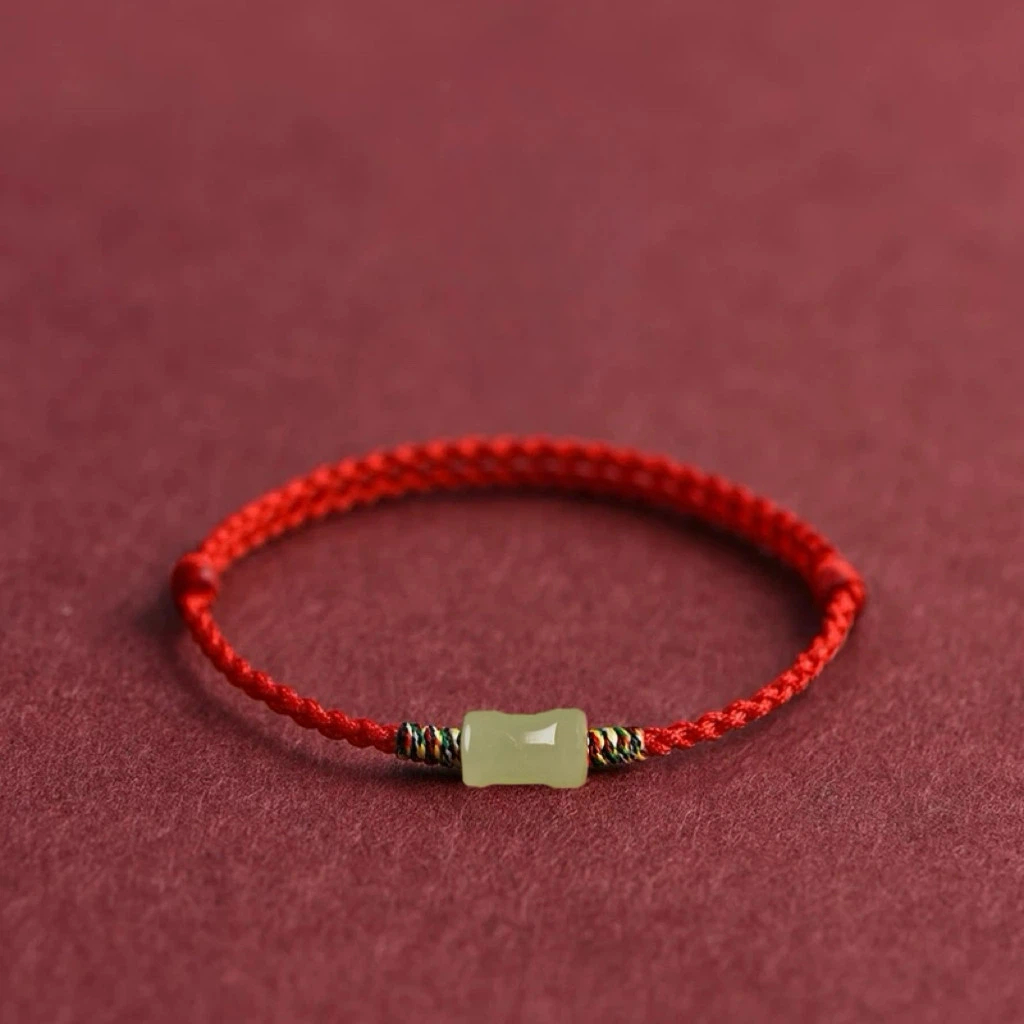 Exam Success Hetian Jade Bamboo Bead Woven Red Rope Bracelet, Unisex Zodiac Year Lucky Amulet for Exam Takers
