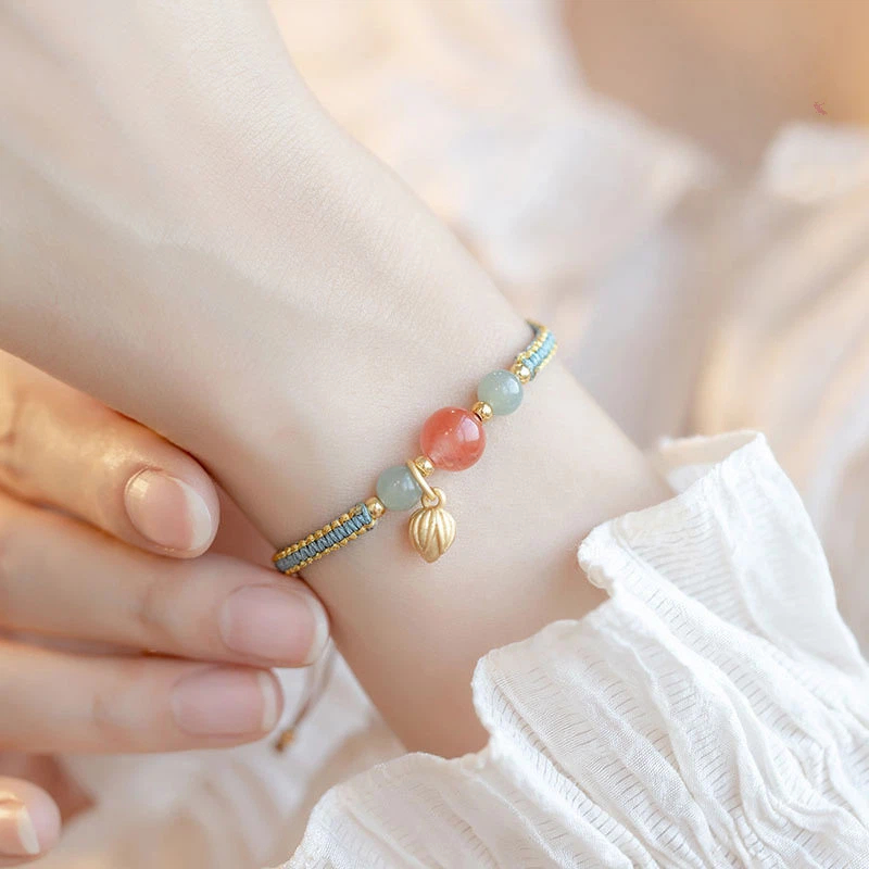 Natural Nanhong Red Agate Lotus Lucky Bead Bracelet, Fresh Style for Women, Best Friend Gift with Success Wishes